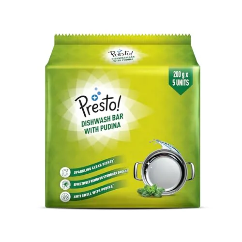 Amazon Brand - Presto! Dishwash Bar - Pudina | 200g | 5 Bars Each X Pack of 1 | Removes Tough Grease | Fresh Pudina Fragrance | Gentle on Hands