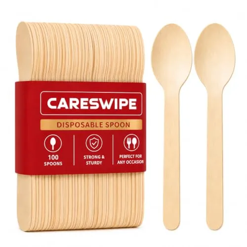 Careswipe 160 mm, 100 Pack Disposable Spoons | Wooden Dining Flatware | Ideal for Kids Birthday, Wedding & Party