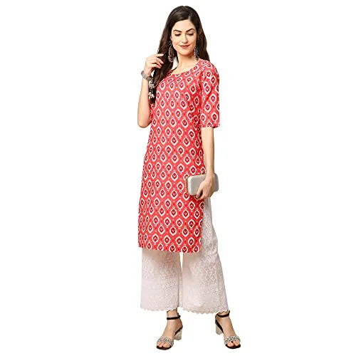 Pinkmint Women's Crepe Peach Color Block Printed Straight Kurti (530346-XXL)