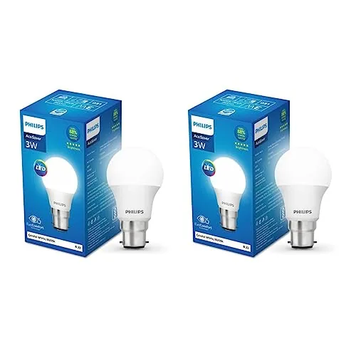 PHILIPS 3-watt LED Bulb | AceSaver LED Bulb | Base: B22 Light Bulb for Home | Crystal White, Pack of 2