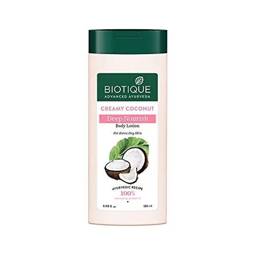 Biotique Creamy Coconut Deep Nourish Body lotion For Extra Dry Skin | Heals, Repairs, and Soothes the Skin | Moisturizing and Skin-Humidifying | 100% Botanical Extracts| All Skin Types | 180ml