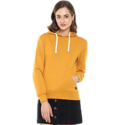 Campus Sutra Women's Mustard Yellow Solid Regular Fit Sweatshirt with Hoodie for Winter Wear | Full Sleeve | Cotton Sweatshirt | Casual Sweatshirt for Woman | Western Stylish Sweatshirt for Women