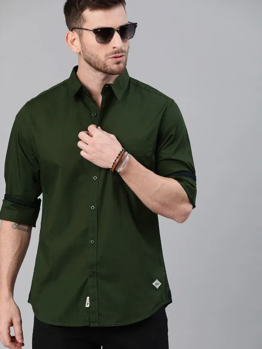 Roadster Men Olive Green Cotton Casual Shirt