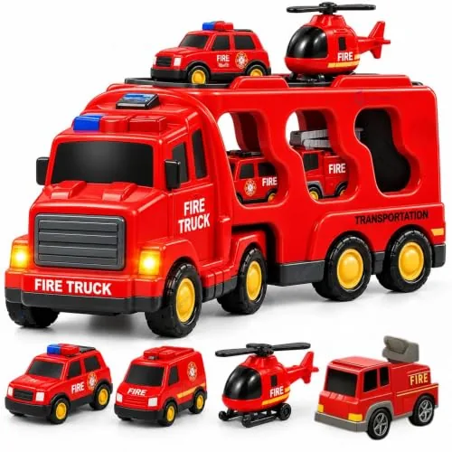 GRAPHENE 5 in1 Fire Truck Toy Car Set for Boy 3-10 Years Pullback Friction Powered Transport Vehicle Montessori Carrier Educational Light Music Monster Truck Mini Helicopter Taxi Playset Gift
