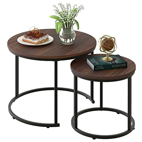 aboxoo Coffee Table Nesting Side Round Set of 2 End Table Top Sturdy Metal Frame Desk Centerpiece Living Room Bedroom Apartment Modern Industrial Simple Nightstand