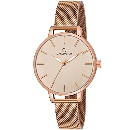 Carlington Big Dial Women's Analog Watch With Stainless Steel Mesh Strap, Adjustable Clasp and Water Resistant Body (Silver/Rose Gold/Black Dial) | Rakhi Gift for Sister and Girls