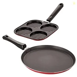 Nirlon Nonstick Cookware Combo Set of 2 Pieces Dishwasher Safe Including Casting Uttapam-4 Cavity & Flat Tawa-24cm (Color-Red)