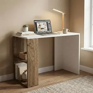 Strata Compact Computer Desk with Built-in 2-Tier Bookshelf, Space-Saving Modern Study Table & Workstation for Home Office, 90x50x80cm (White & Walnut