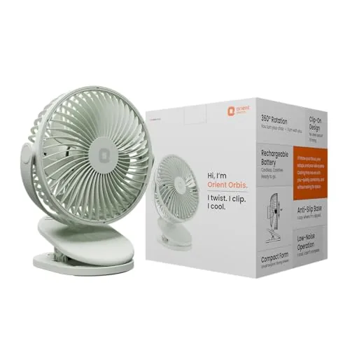 Orient Electric Orbis Rechargeable Personal Fan | 360° Rotation | 1800 mAh Battery | 4 Speed Modes with Timer | Quiet Operation | USB Type-C Charging | Clip-On Mini Fan | Matcha Green