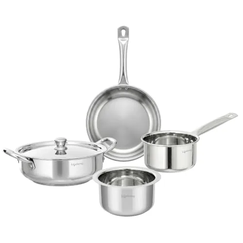Lifelong Stainless Steel Cookware Set of 5, Silver, Induction Compatible with Kadhai, Fry Pan, Saucepan, and Tope, Dishwasher Safe