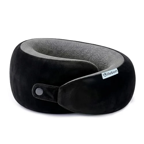 Billebon Memory Foam Neck Pillow with Cooling Gel, Snake Shape Travel Pillow with Snap Button, Neck Rest for Travelling & Flight Travel, Ergonomic Support for Comfort & Pain Relief, Black, Single