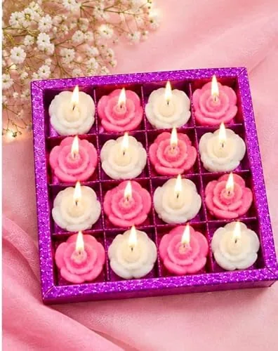Small Flower Shaped Tealight Candles Set of 16, Pink & White Rose Design Decorative Candles for Diwali, Wedding, Birthday, Puja, Home Décor & Festive Decoration/Color May Vary