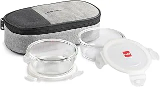 CELLO Delighta Round Borosilicate Glass Lunch Box with Jacket, 400ml, Set of 2 | Horizontal Glass Lunch Boxes | Microwave Safe and Leak Proof | Tiffin