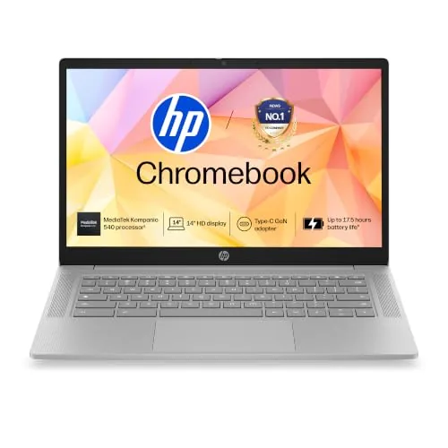HP Chromebook 14, MediaTek Kompanio 540 (4GB LPDDR5, 128GB UFS) HD, Anti-Glare, Micro-Edge, 14''/35.6cm, ChromeOS, 100 GB Google One(1yr), Modern Gray,1.35kg, nm0004MU, HD Camera w/Shutter Laptop