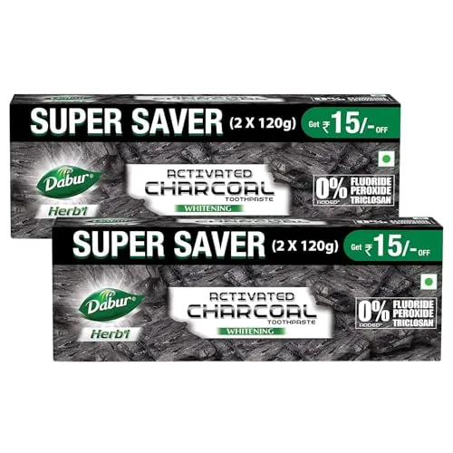 DABUR Herb'L Activated Charcoal Toothpaste 480G (120G x4, Pack of 4)|Whitening Black Gel Toothpaste|Fluoride Free|Fights Plaque & Extrinsic Stains|With Power of Mint|Cool & Refreshing Mouth Experience