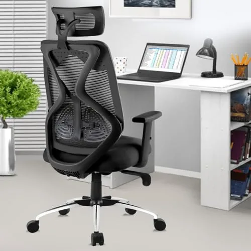 ASTRIDE Ergofit Ergonomic Office Chair for Home | 3-Years Warranty | 2D Headrest, Adjustable Arms & Lumbar Support | Tilt Lock Mechanism [Heavy Duty Chromium Metal Base, Black]