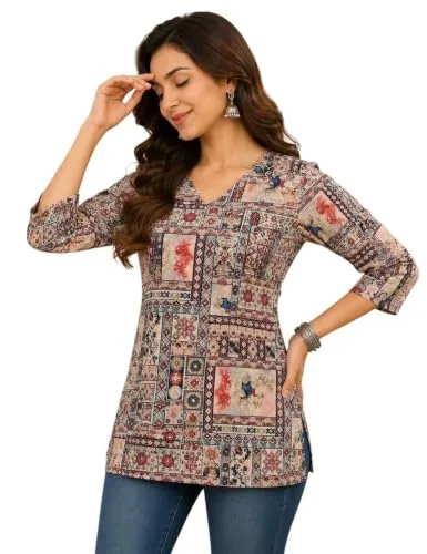 KHILORI Women's Cotton Short Kurti Soft & Breathable Straight Kurti for Women | Stylish Ethnic Top for Party, Office Perfect Regular Fit for Girls & Woman, Beige, 2XL