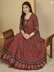 Sangria Women Maroon Cotton Ethnic Motifs Printed Block Print Anarkali Kurta