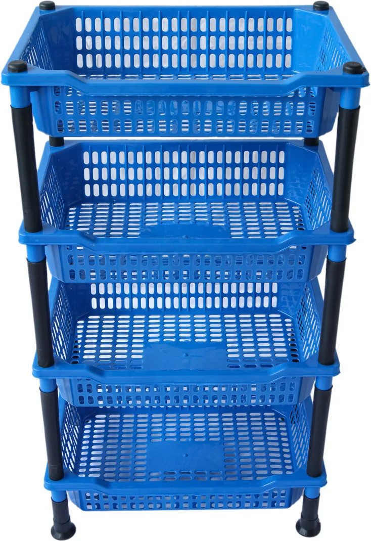 VM BOND Kitchen Rack 4 Layer Multipurpose Shelf Stand Basket Rack Plastic Fruit & Vegetable Basket (Blue)