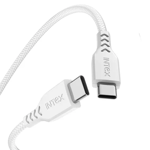 Intex Speed 65W Type C to C Fast Charging & Data Sync, Tangle Free Cable, 480Mbps Compatible For Laptop, BT Speaker, Mobile, Tablet, TWS & Other Type C Devices, Strong PVC Cable - White