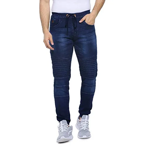 Campus Sutra Men's Classic Solid Dark Blue Dark-Wash Skinny Fit Denim Jeans | Stretchable Cotton Mid-Rise Drawstring Denim Jeans Crafted with Comfort Fit for Everyday Wear